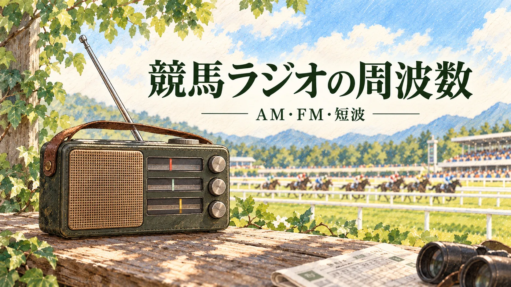 競馬場を背景にした携帯ラジオと競馬ラジオの周波数の見出し
