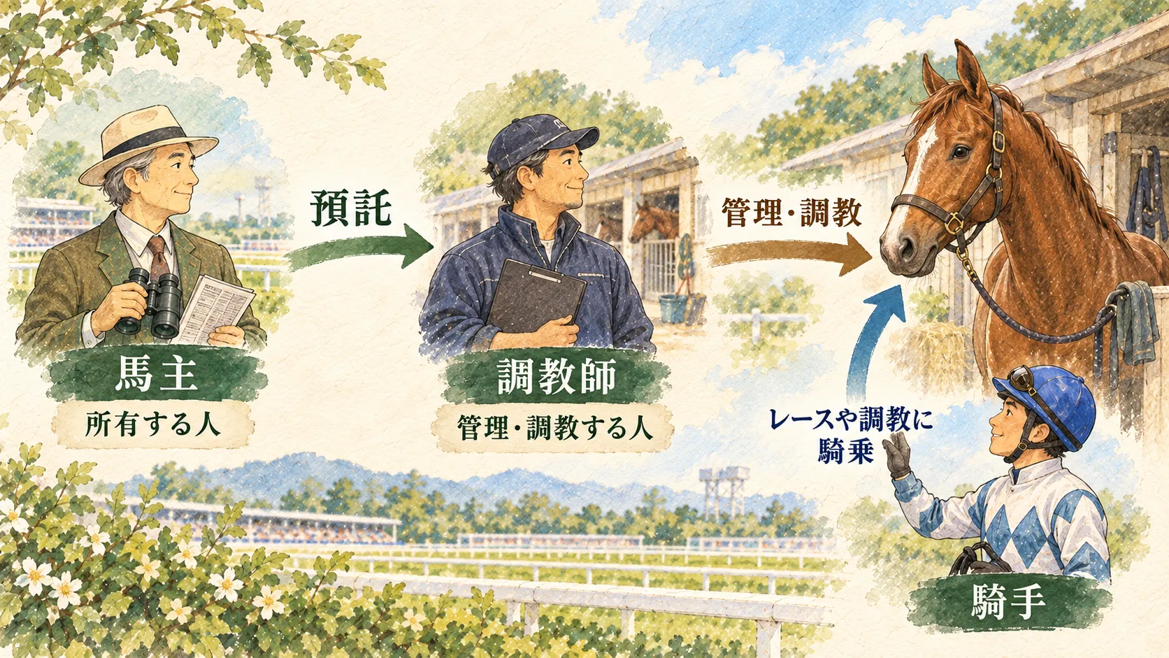 馬主から調教師へ馬を預け、調教師が管理し騎手が騎乗する関係図
