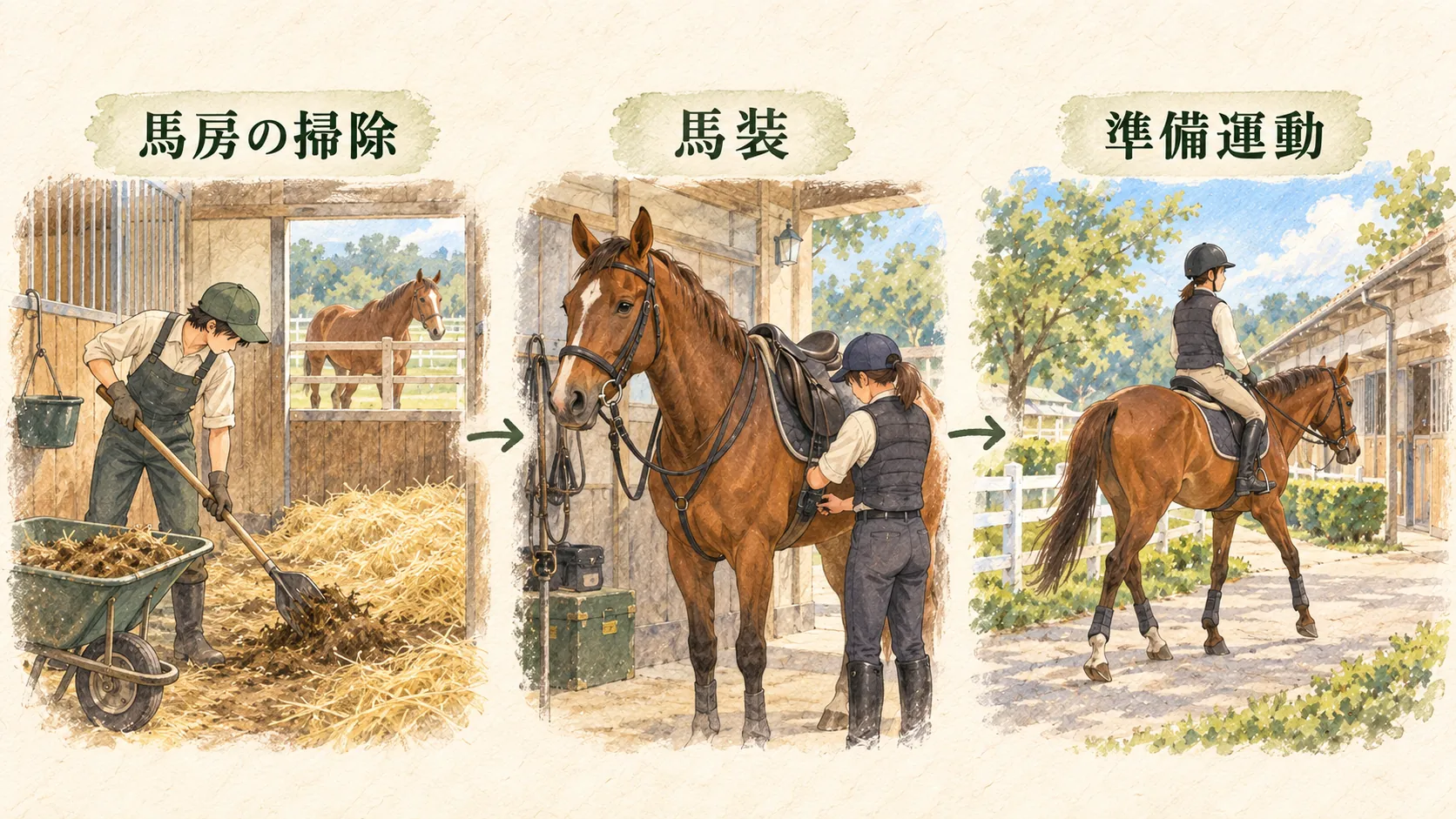 馬房の掃除、馬装、準備運動へ続く厩舎の朝の仕事を描いた図