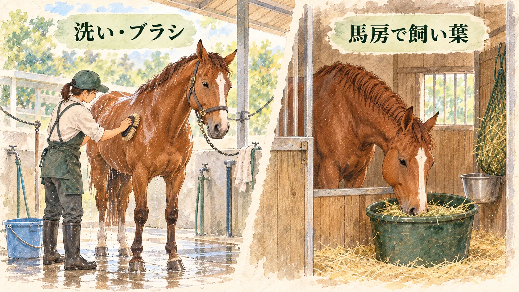 調教後に馬を洗いブラシをかけ、馬房で飼い葉を与える様子を描いた図