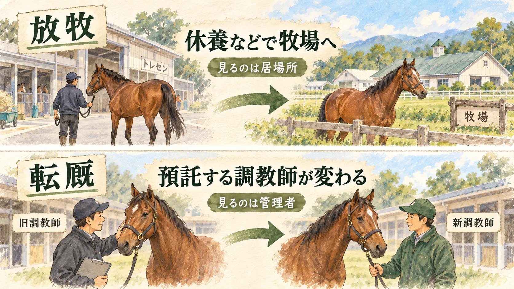 放牧の居場所の変化と転厩の預託調教師の変更を比べる図