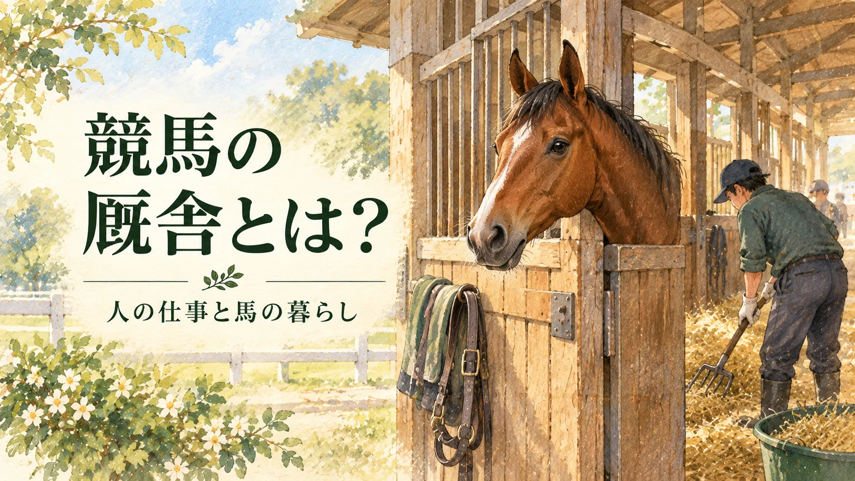 馬房の競走馬と世話をするスタッフを描いた水彩イラスト