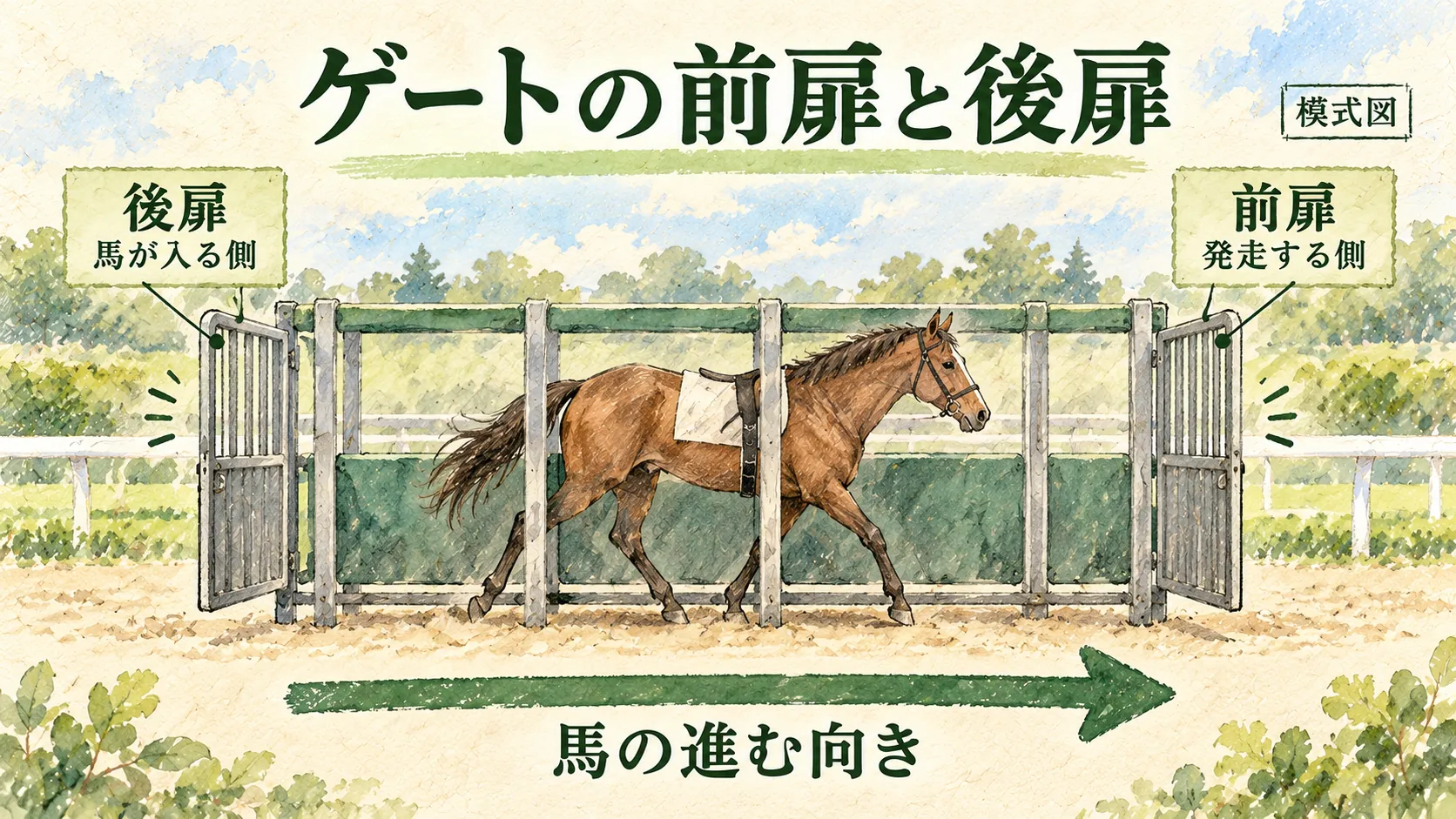 後扉から入り、前扉から発走する馬の進む向きを示したゲートの模式図