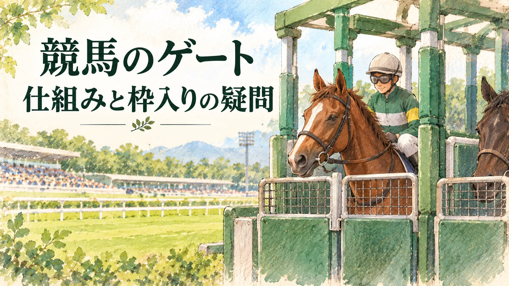 競走馬を一頭ずつ収める横長のゲートを描いた水彩イラスト