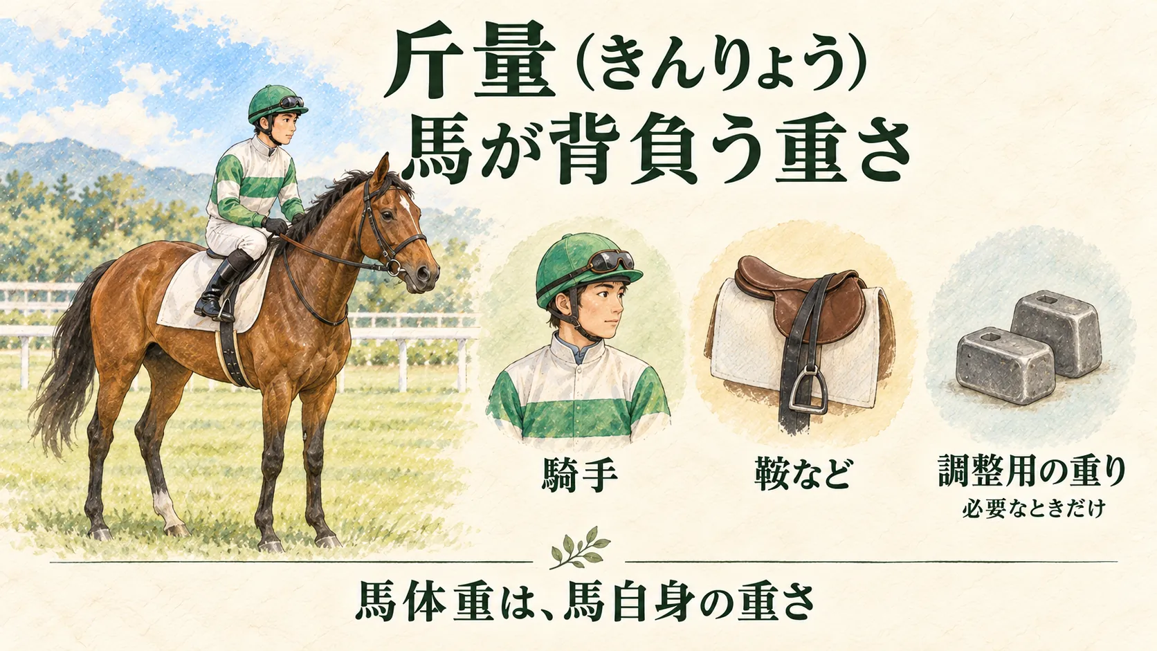 水彩で騎手を乗せた馬、鞍、調整用の重りを描き、斤量と馬体重の違いを示した図解