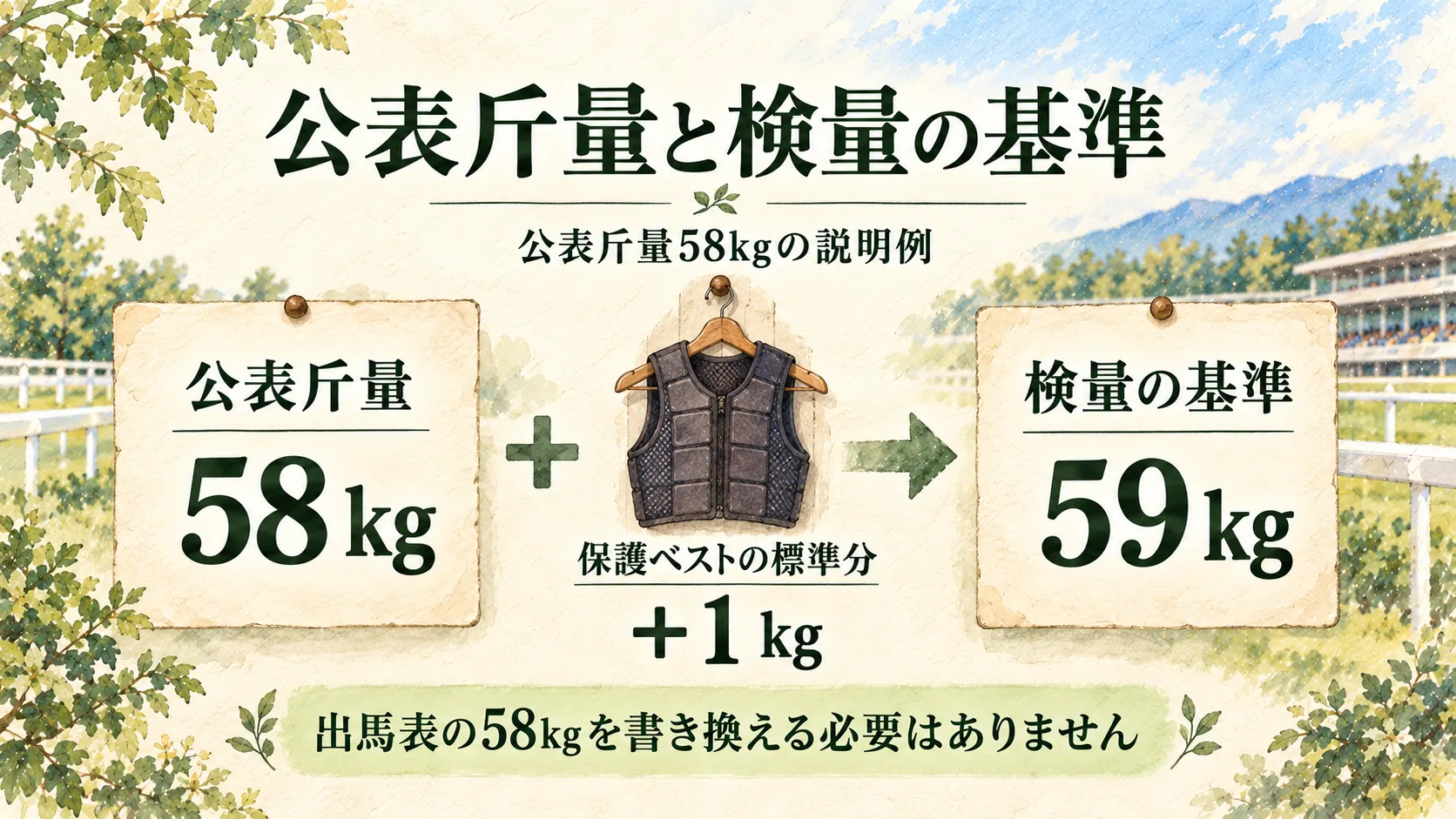 公表斤量58kgと保護ベスト標準分1kgを加えた検量基準59kgを分けて示す水彩図解