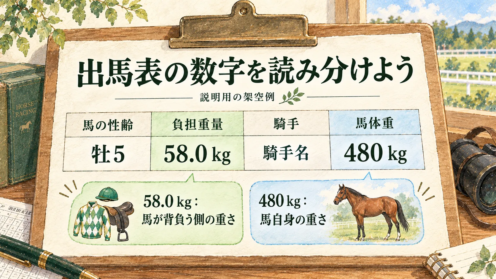 説明用の架空出馬表で負担重量58.0kgと馬体重480kgの欄を色分けした水彩図解