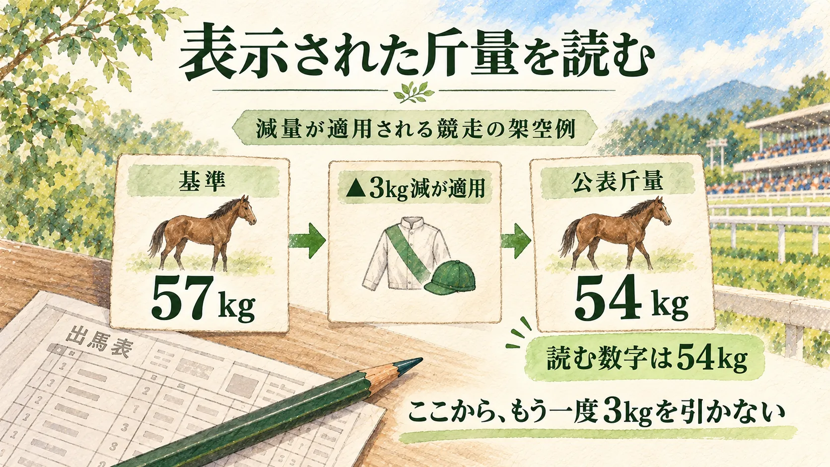 減量が適用される競走の架空例として基準57kgから▲3kg減で公表54kgとなり、さらに引かないことを示す水彩図解