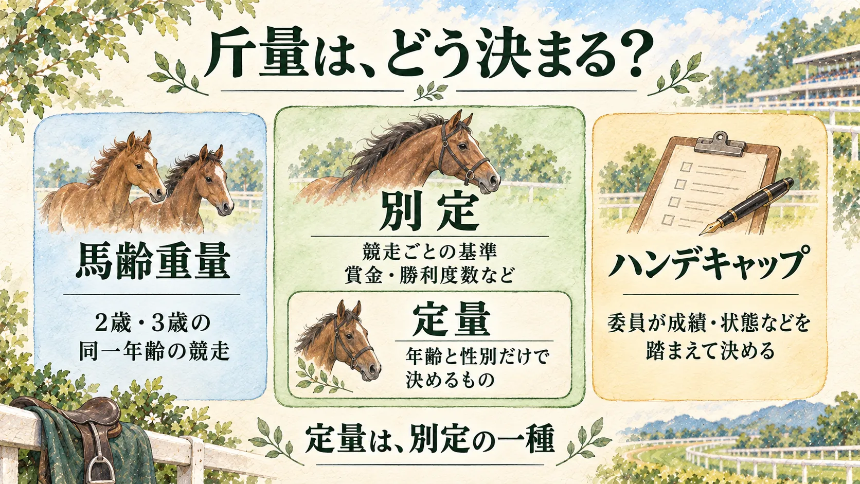 馬齢重量、別定、ハンデキャップの決め方を並べ、定量を別定の中へ配置した水彩図解