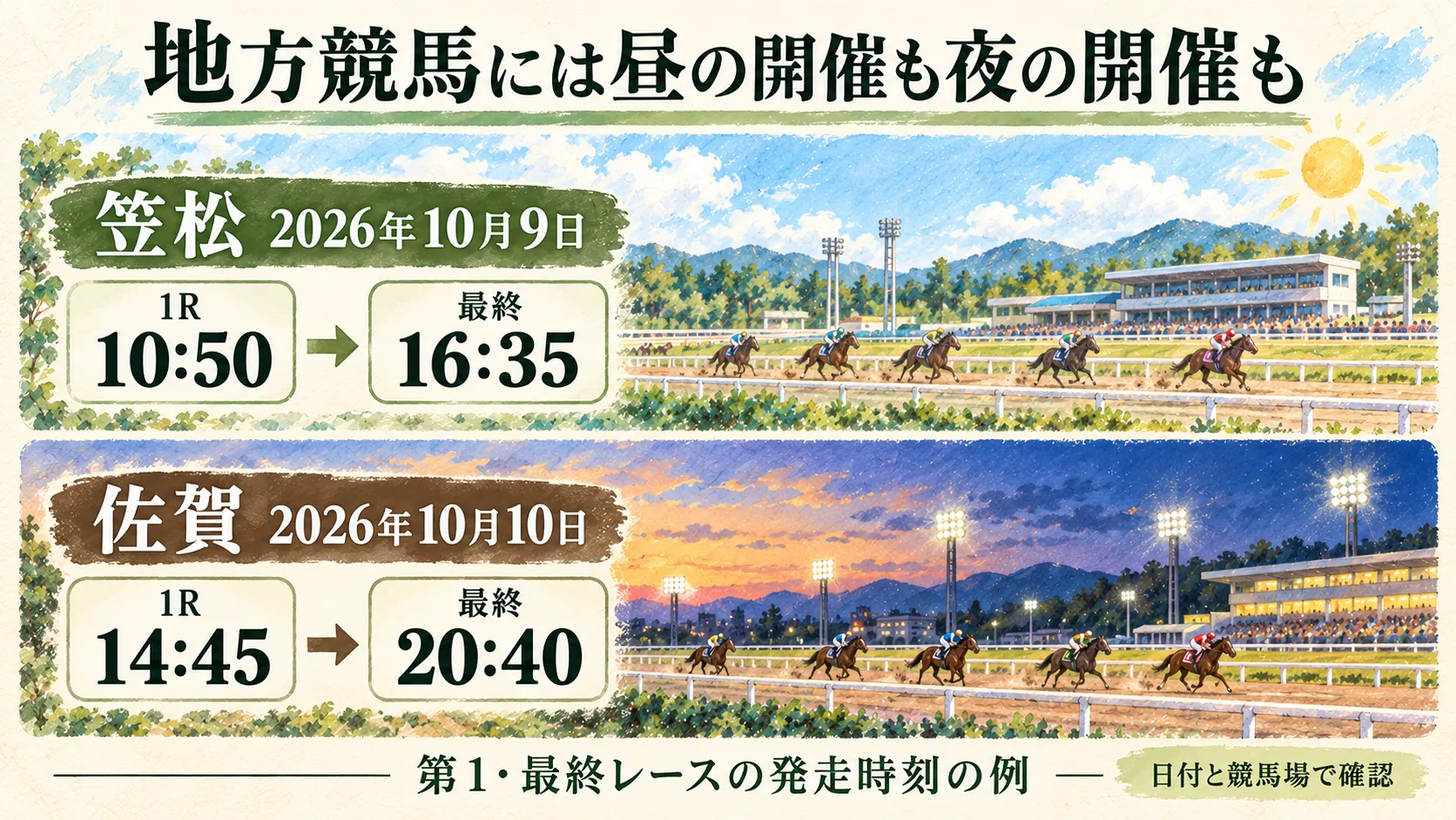 2026年10月9日笠松の10時50分から16時35分と、10月10日佐賀の14時45分から20時40分の発走時刻例