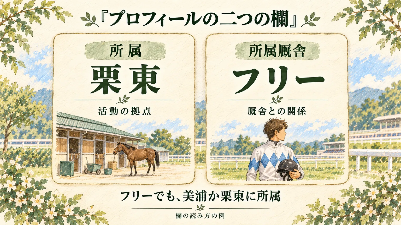 所属は活動拠点、所属厩舎は厩舎との関係という二つの欄を分ける図