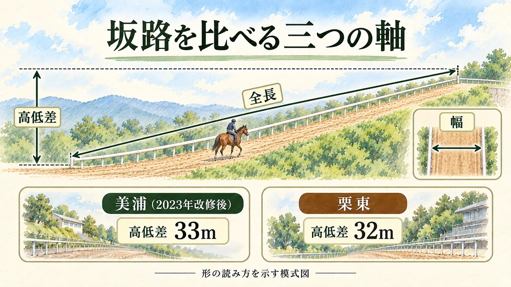 坂路の高低差、全長、幅という三つの軸と、美浦改修後33メートル・栗東32メートルを示す模式図