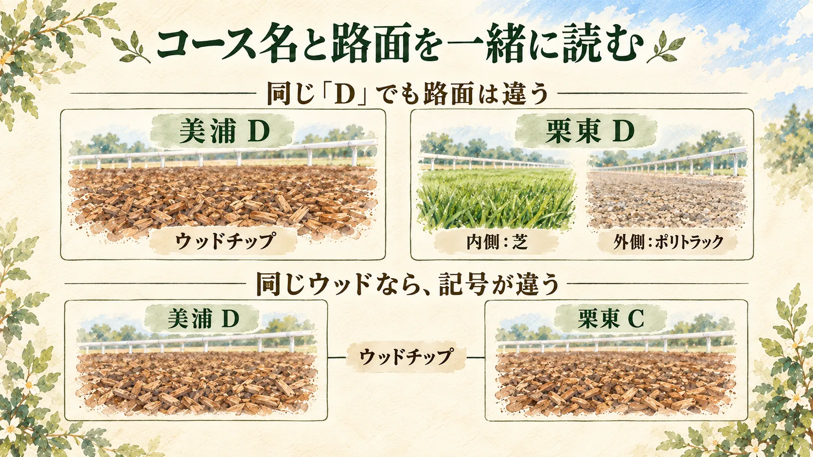 美浦Dのウッドチップ、栗東Dの芝とポリトラック、栗東Cのウッドチップをつなぐ路面の関係図