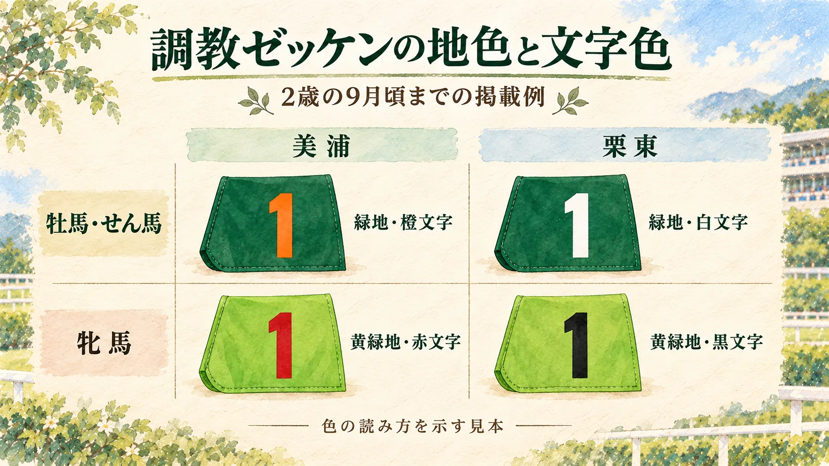 2歳9月頃までの調教ゼッケンの牡馬・せん馬と牝馬の地色、東西の文字色を示す色見本図