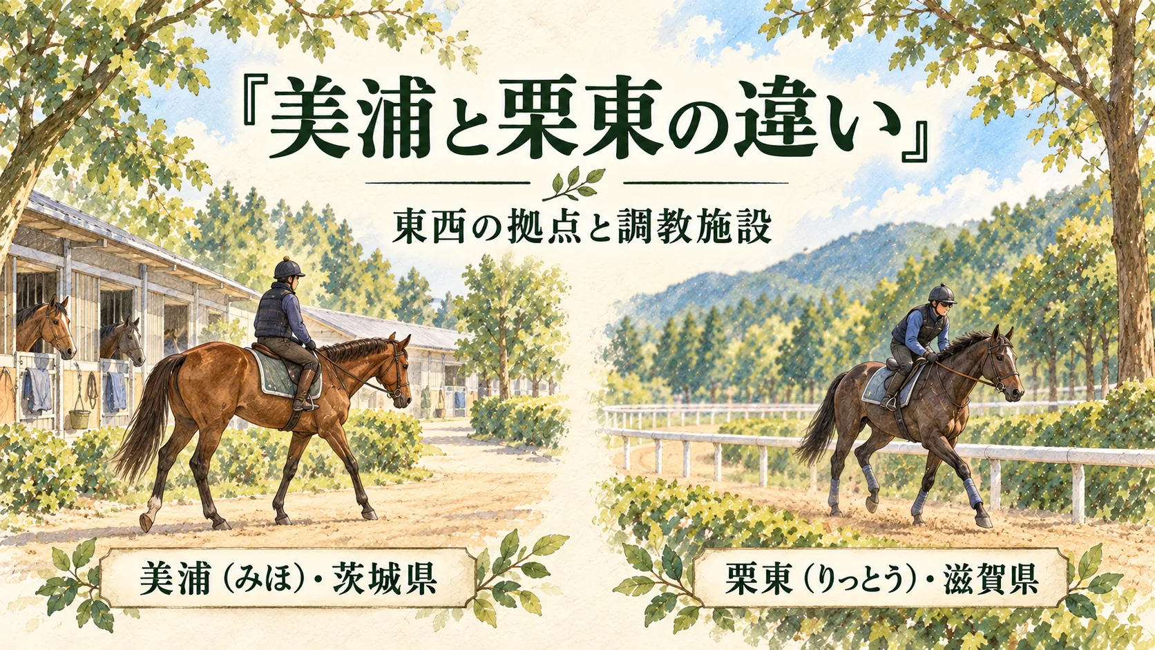 美浦と栗東の東西の調教拠点を二つの馬の風景で示す水彩イラスト