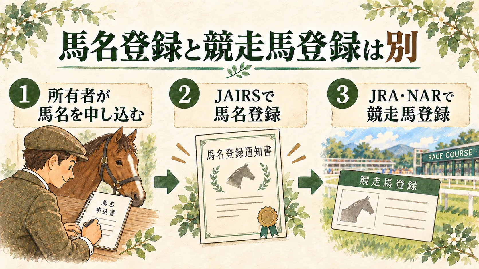 所有者が馬名を申し込み、JAIRSで馬名登録、その後JRAまたはNARで競走馬登録へ進む流れの水彩図解