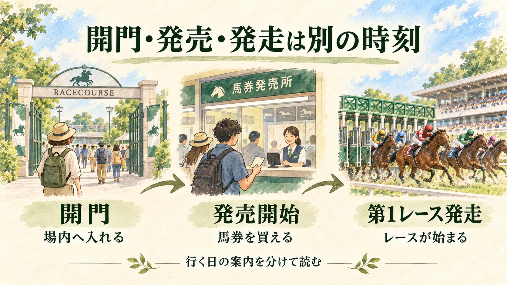 開門、馬券発売、第1レース発走を異なる開始時刻として示した図
