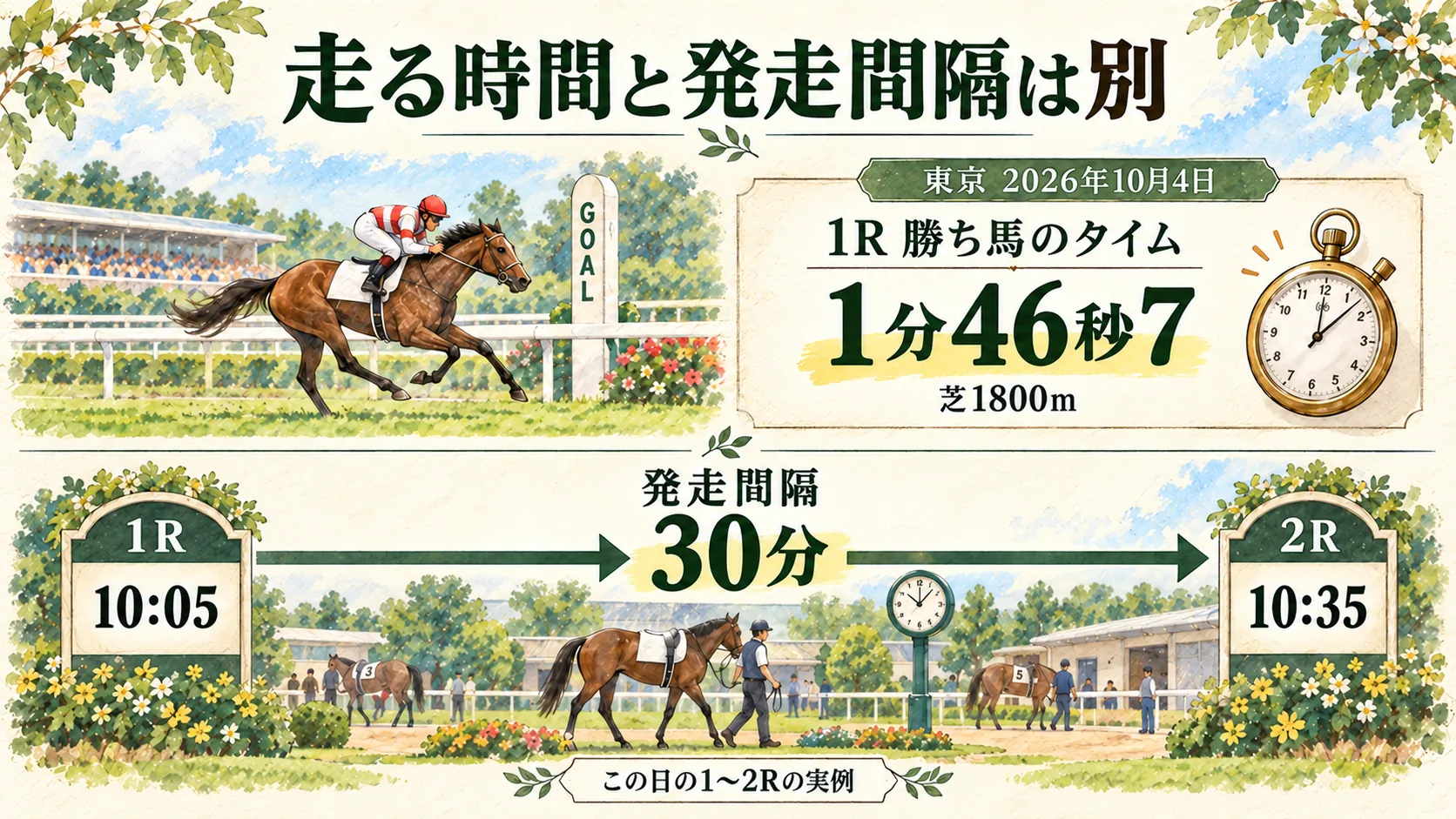 2026年10月4日東京1Rの走破1分46秒7と、1R10時5分から2R10時35分の発走間隔30分を分けた図