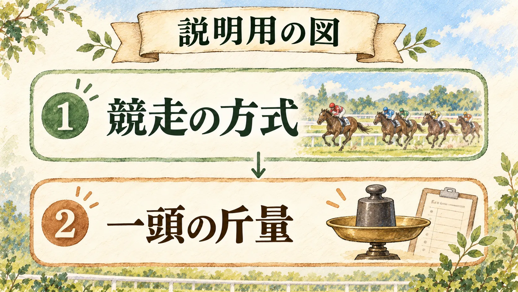 説明用の紙に競走の方式と一頭の斤量の二つの読む場所を示す図