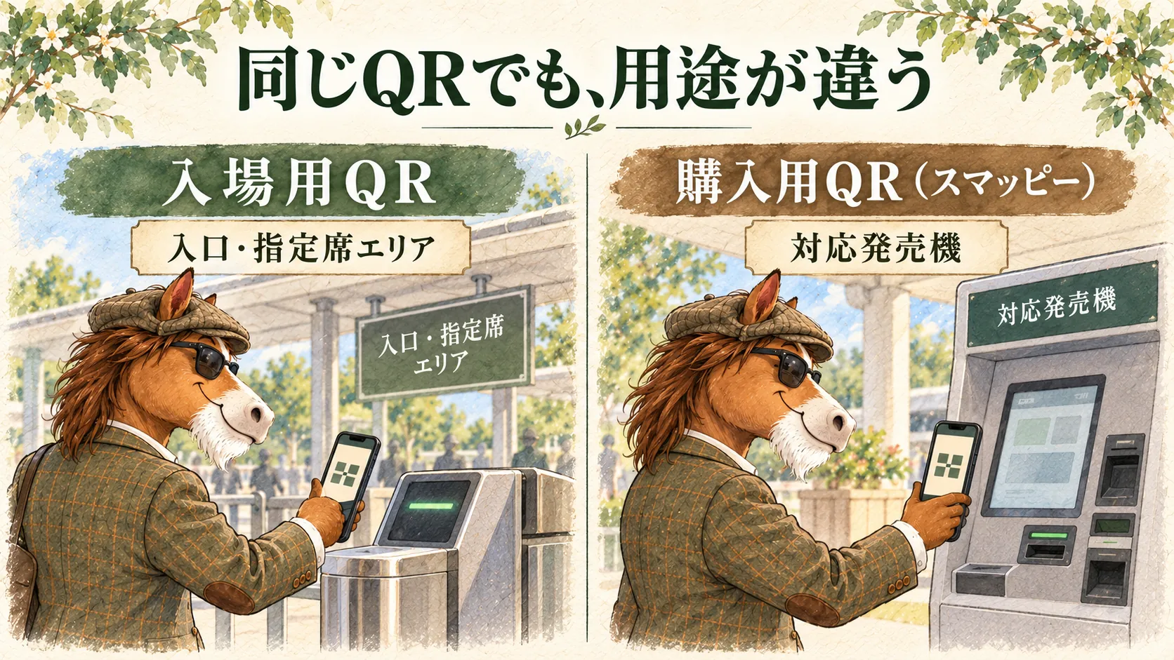 入場用QRは入口や指定席エリア、スマッピーの購入用QRは対応発売機で使う用途の違い