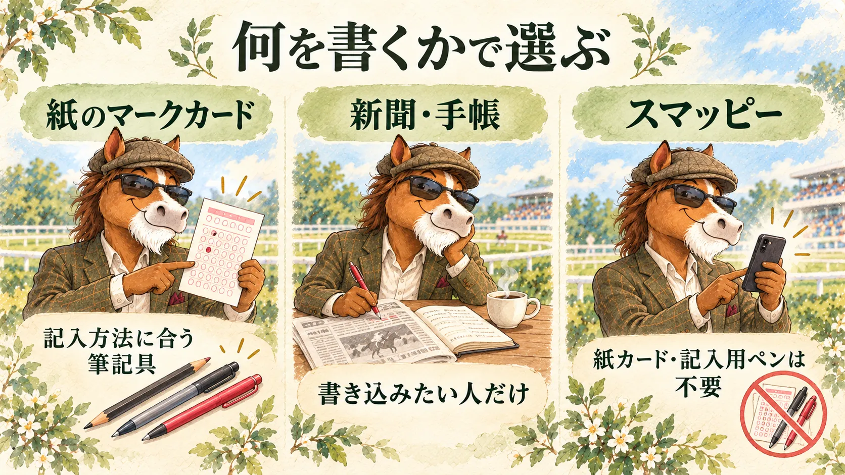 紙のマークカード用の筆記具、新聞への任意の書き込み、筆記具不要のスマッピーを用途別に示す図