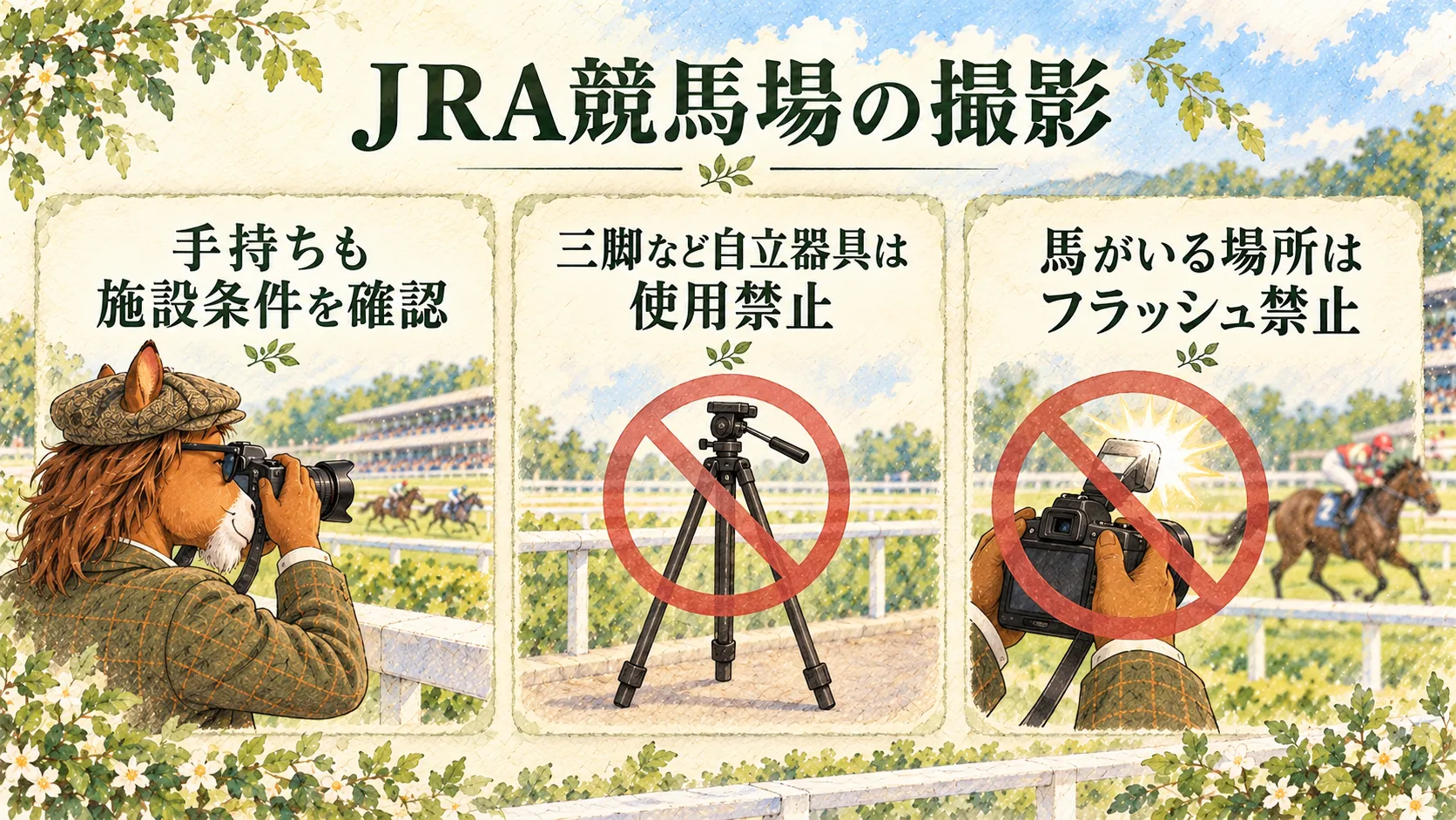 JRA競馬場では施設条件を確認し、三脚など自立器具と馬がいる場所でのフラッシュ撮影をしないことを示す図