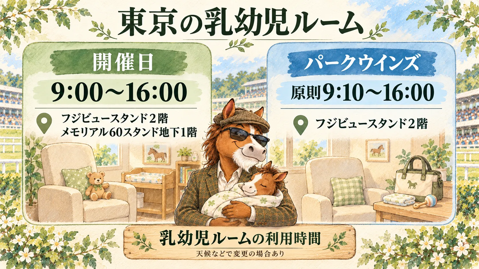 東京競馬場の乳幼児ルームは開催日とパークウインズで利用時間と場所が異なることを示す図