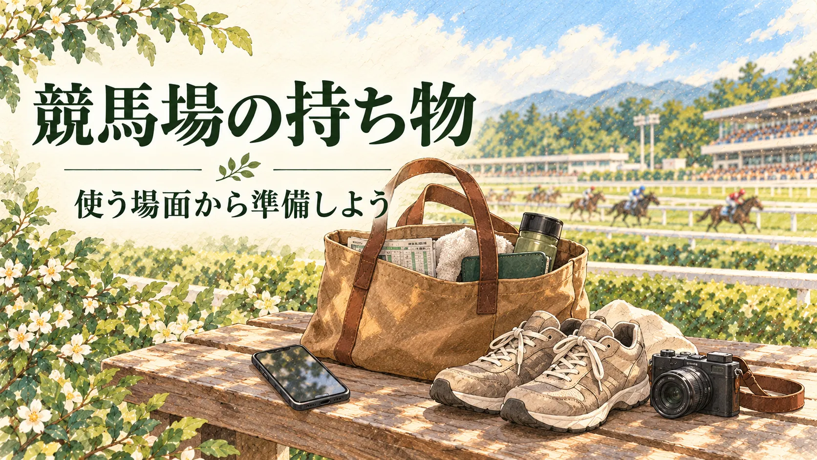 観戦用のバッグ、スマートフォン、歩きやすい靴と任意のカメラを描いた持ち物のイメージ