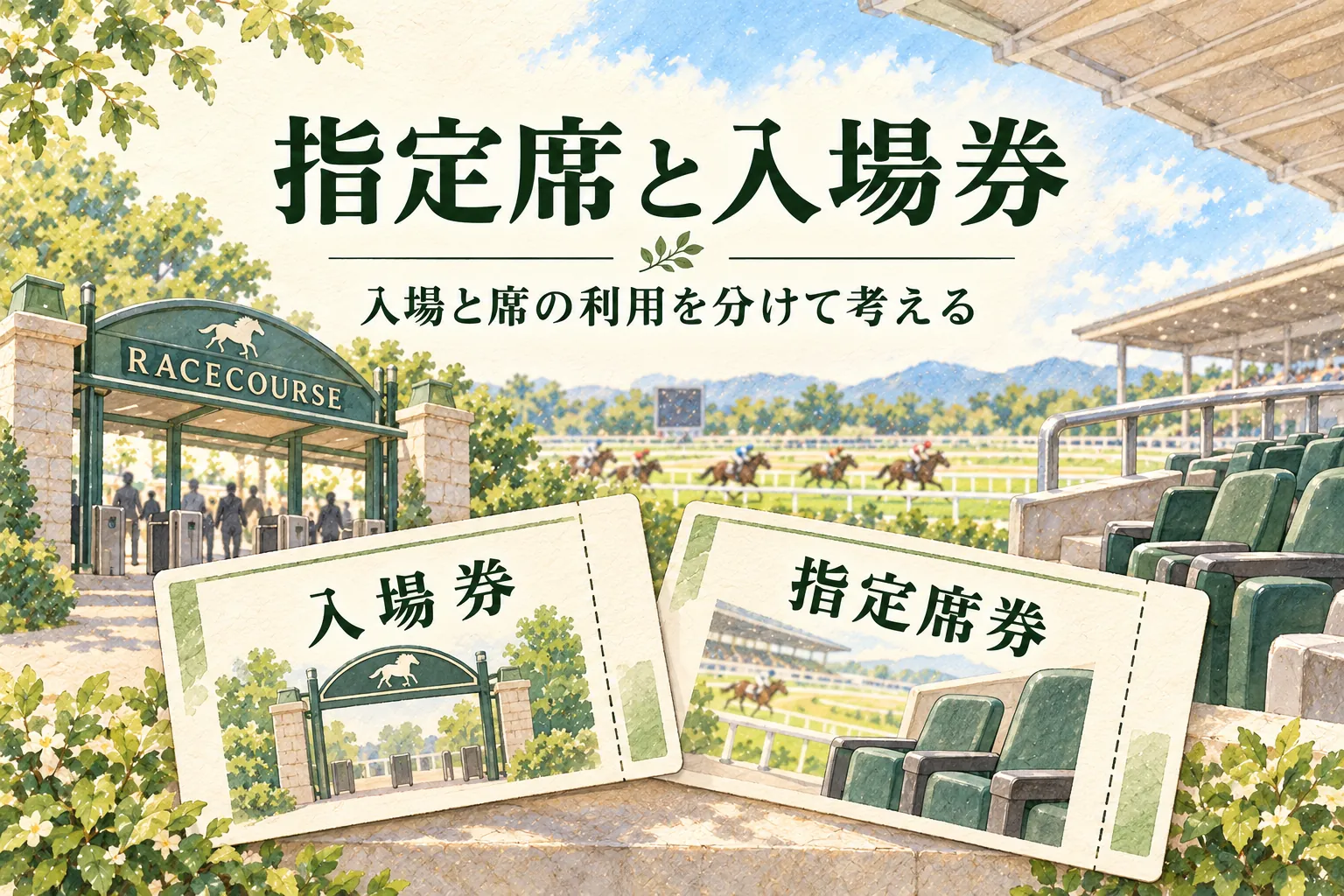 競馬場の入場門と観戦席、指定席券と入場券を描いた水彩イラスト