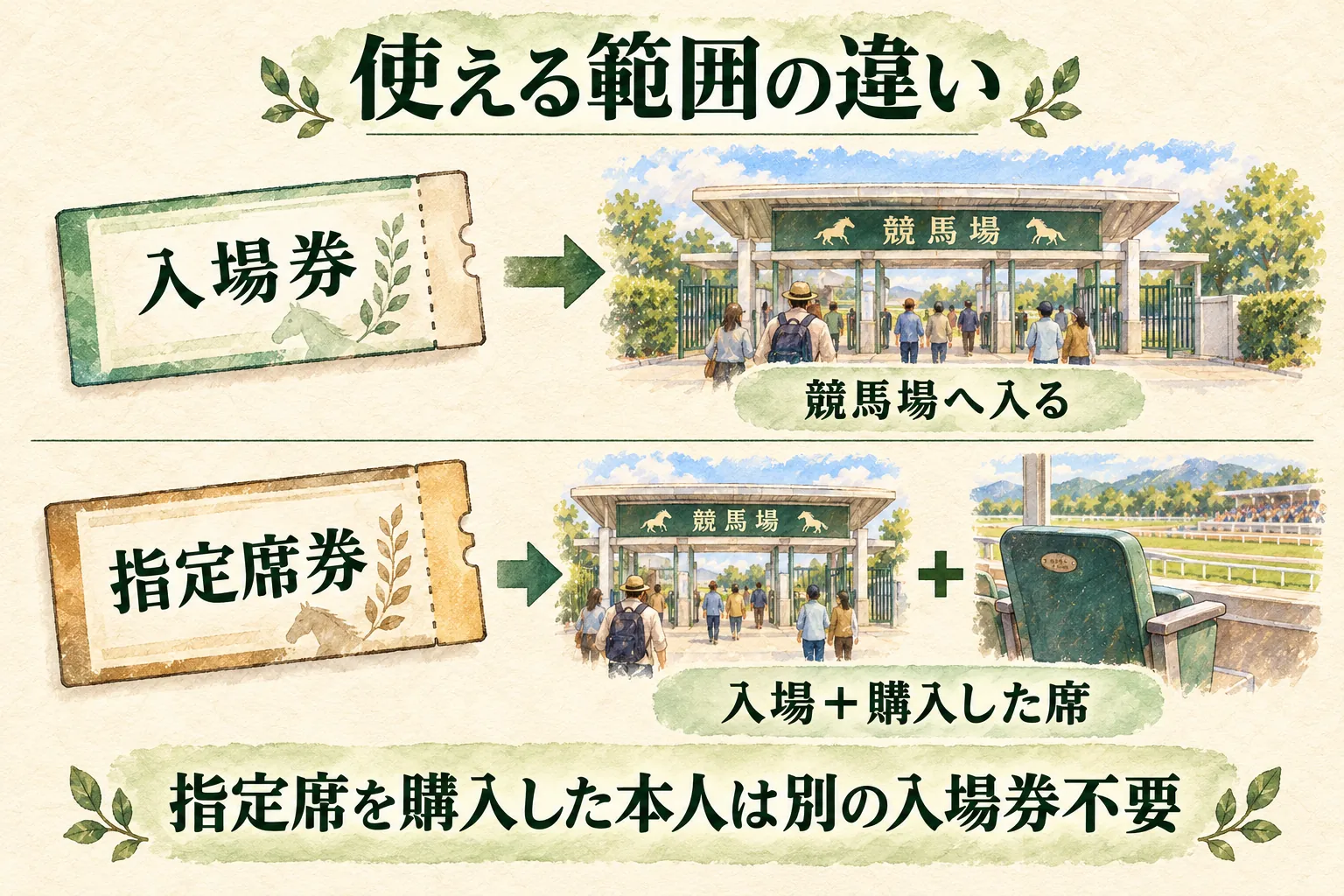 入場券は入場、指定席券は入場と購入した席の利用を含む違い