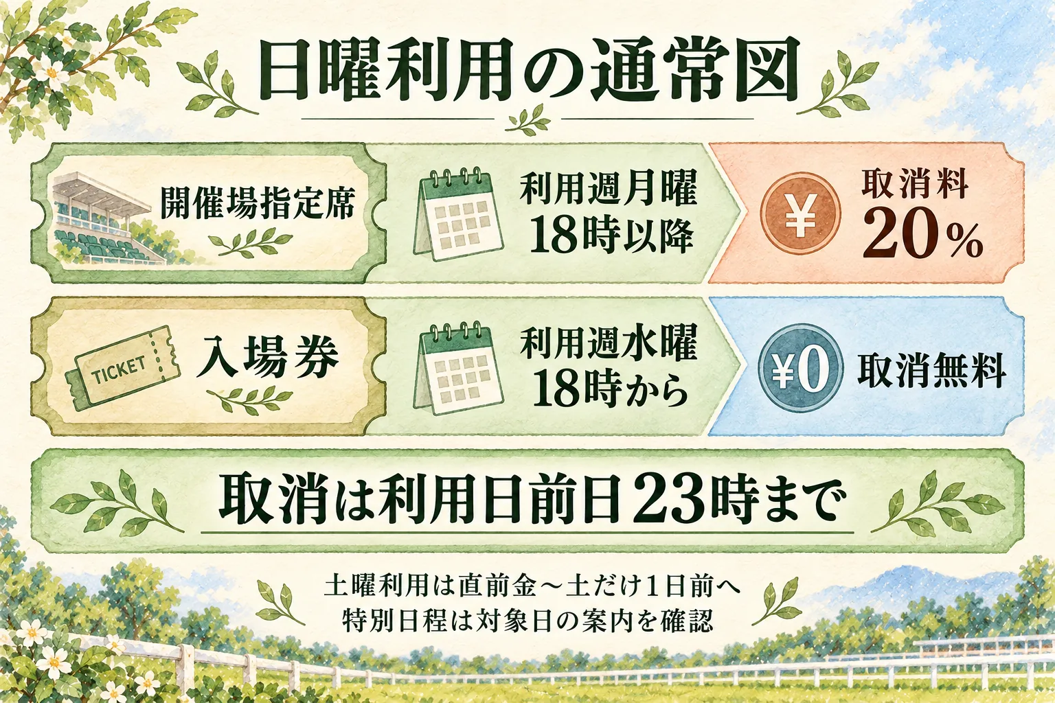 日曜利用の通常発売図における指定席と入場券の取消料・期限