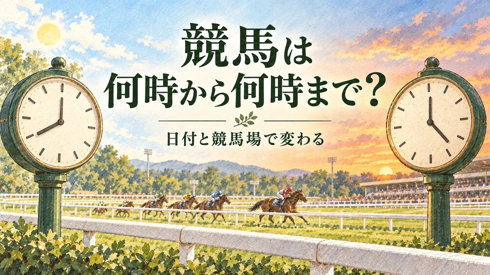 競馬場と二つの時計で、競馬の時間が日付と競馬場によって変わることを表した水彩イラスト