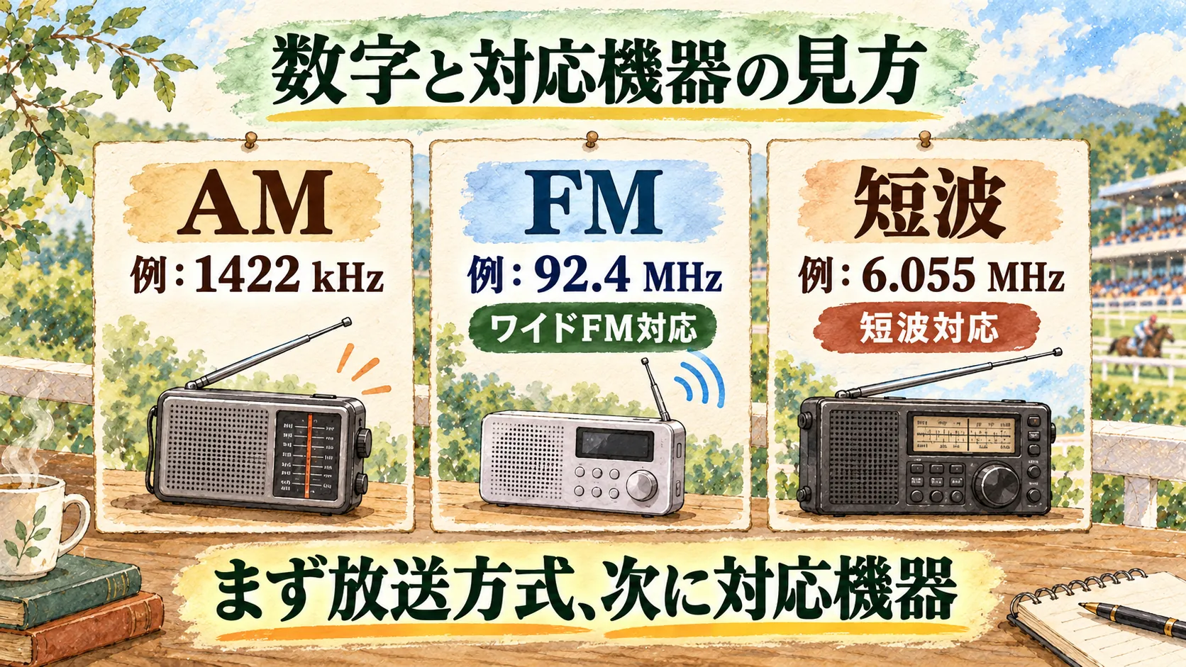 AM、FM、短波の表記例と対応機器を先に選ぶ順序