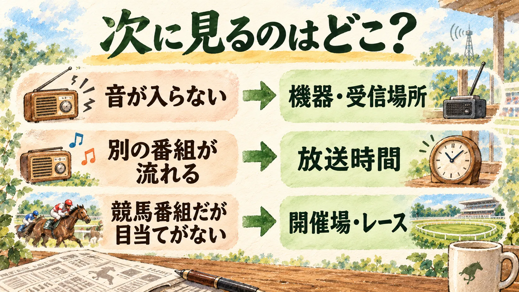 音がない、別番組、目当ての競馬実況がない場合に確認する場所