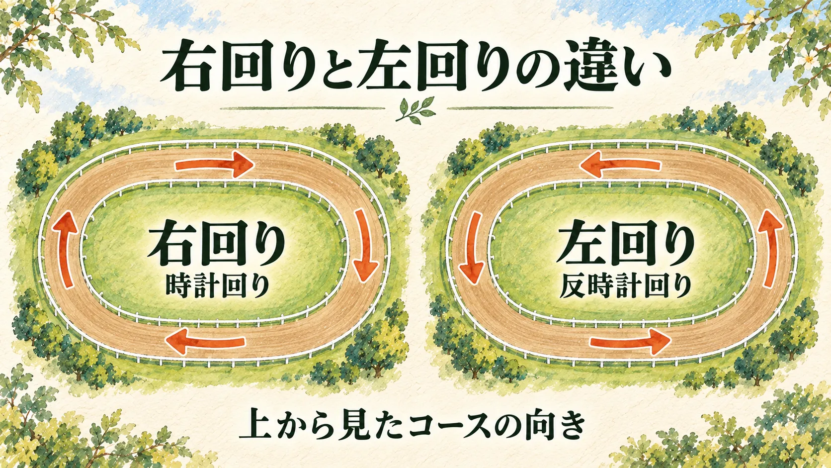 右回りは時計回り、左回りは反時計回りと、二つの楕円と進行方向の矢印で示した水彩図