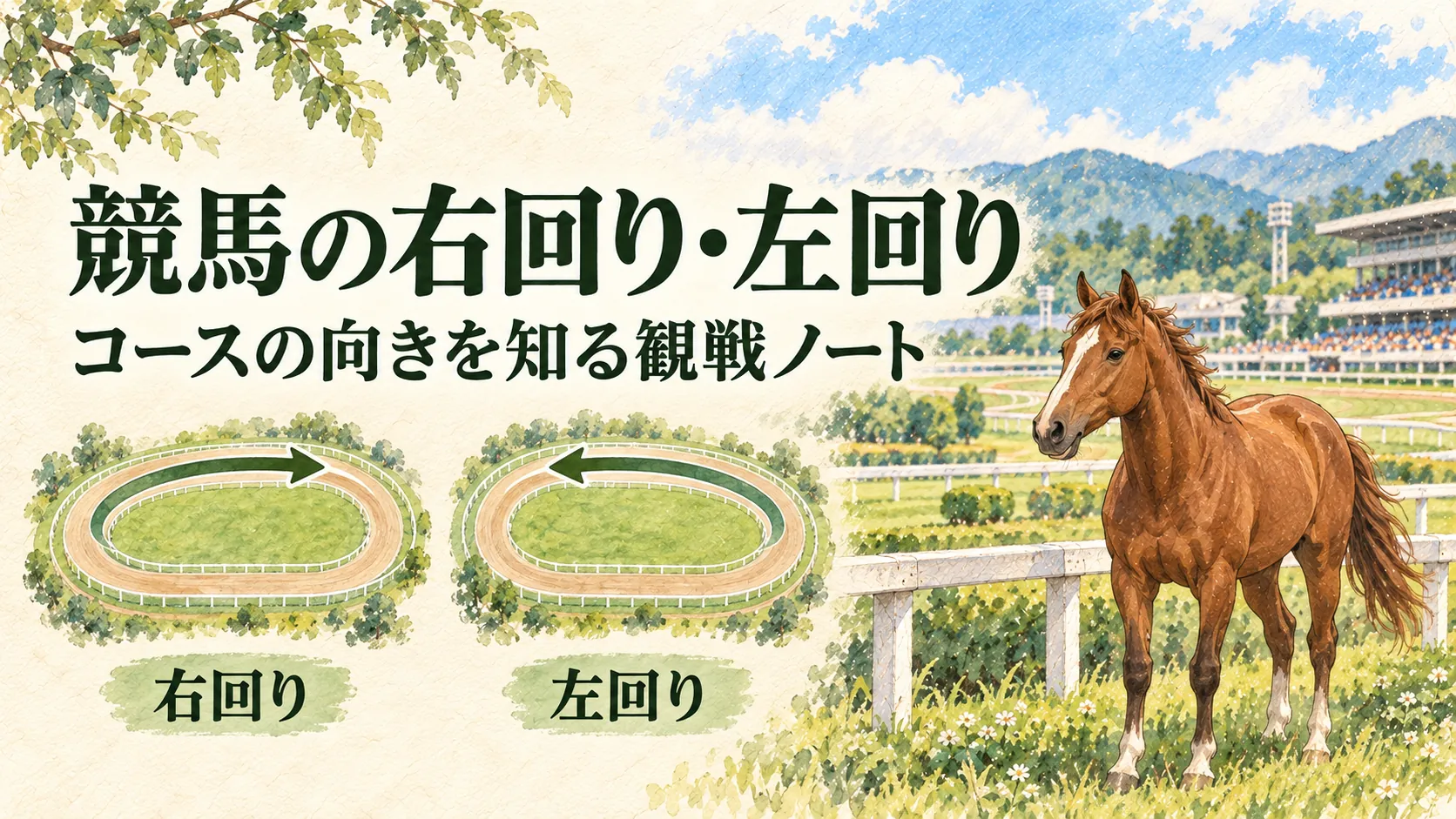 二つのコースの方向と競馬を温かな水彩で描いた右回り・左回りの記事アイキャッチ