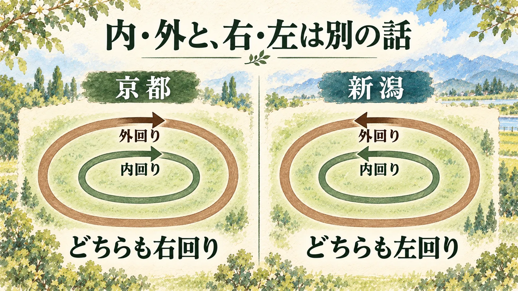 京都の内回り・外回りはともに右回り、新潟の内回り・外回りはともに左回りと示した水彩概念図