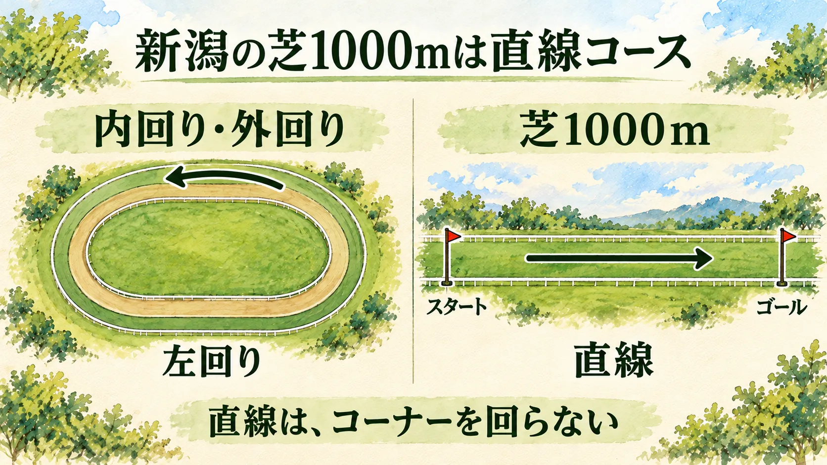 新潟の左回りの芝周回コースと、コーナーのない芝1000m直線コースを並べた水彩概念図