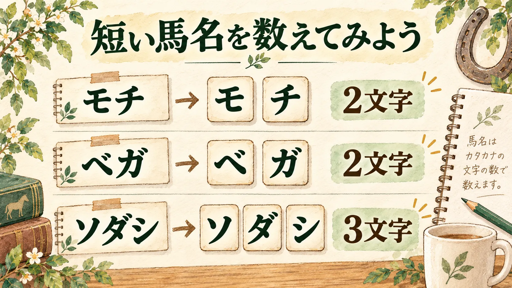 モチとベガは2文字、ソダシは3文字と、カタカナをカードに分けて示す水彩図解