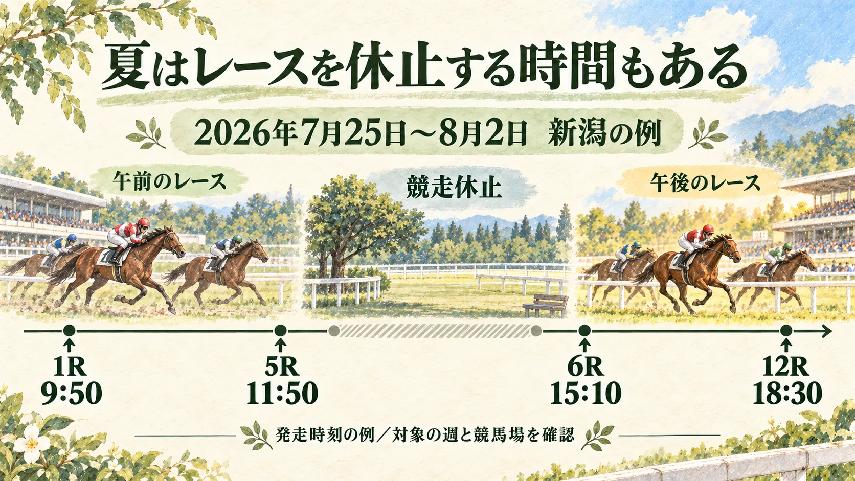 2026年7月25日から8月2日の新潟の第1・第5・第6・最終発走と競走休止を示す時間軸
