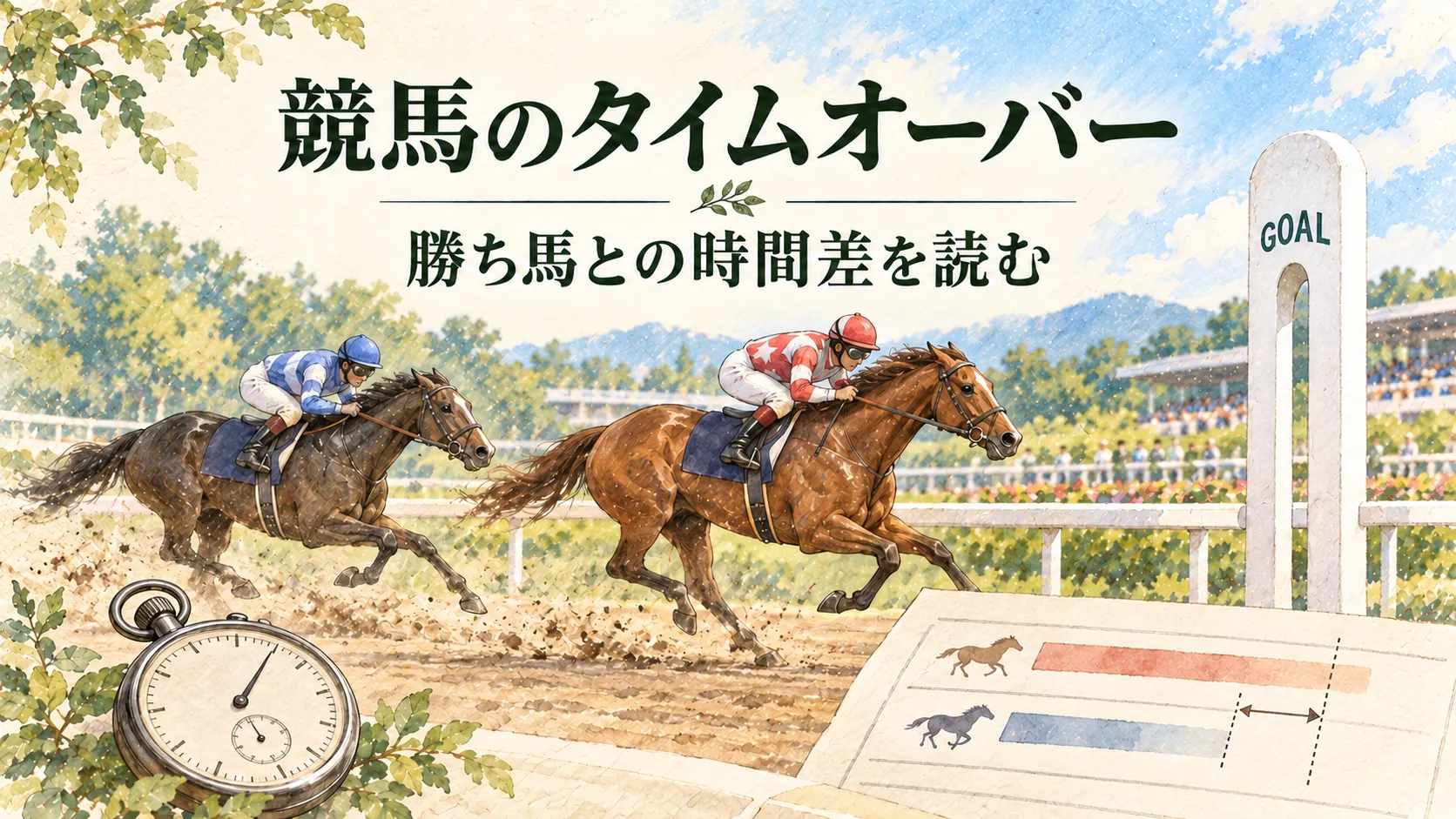 競馬のタイムオーバーを勝ち馬からの時間差で読む水彩イラスト